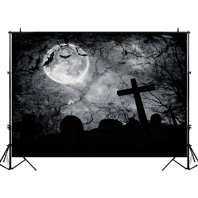 Fondo de fotografía de fiesta de Halloween para accesorios de fotografía de Luna de Bosque Negro Fondo de cabina de estudio fondo de cruz de murciélago