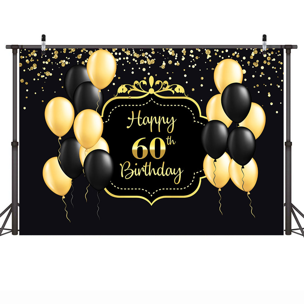 Happy Women 60th Birthday Backdrop Black Yellow Balloon Background Gold Light Spot Decoration Birthday Party Background