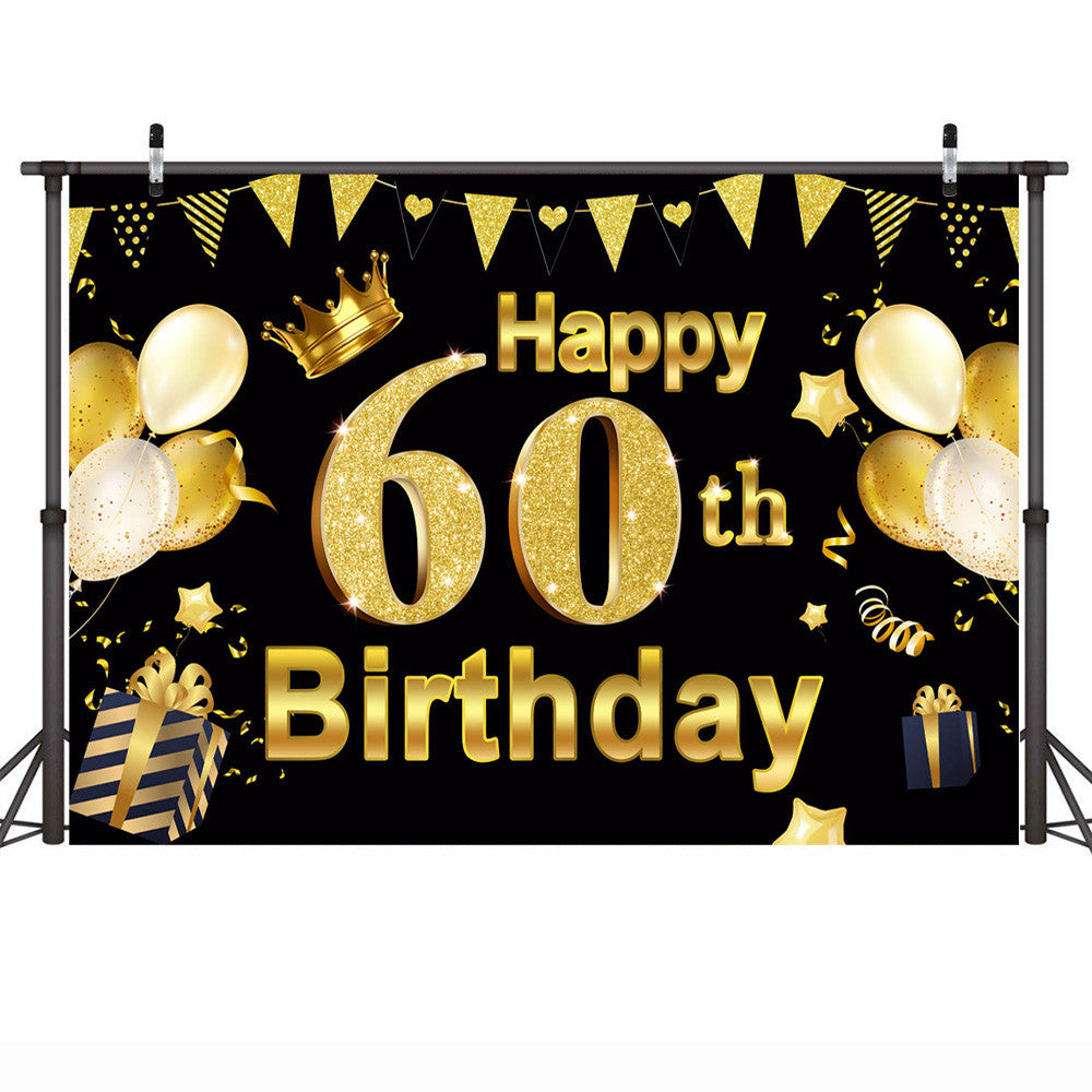 Happy 60th Birthday Backdrop Photocall for Photography Golden Glitter Birthday Party Banner Decor Background Gift Balloons Crown