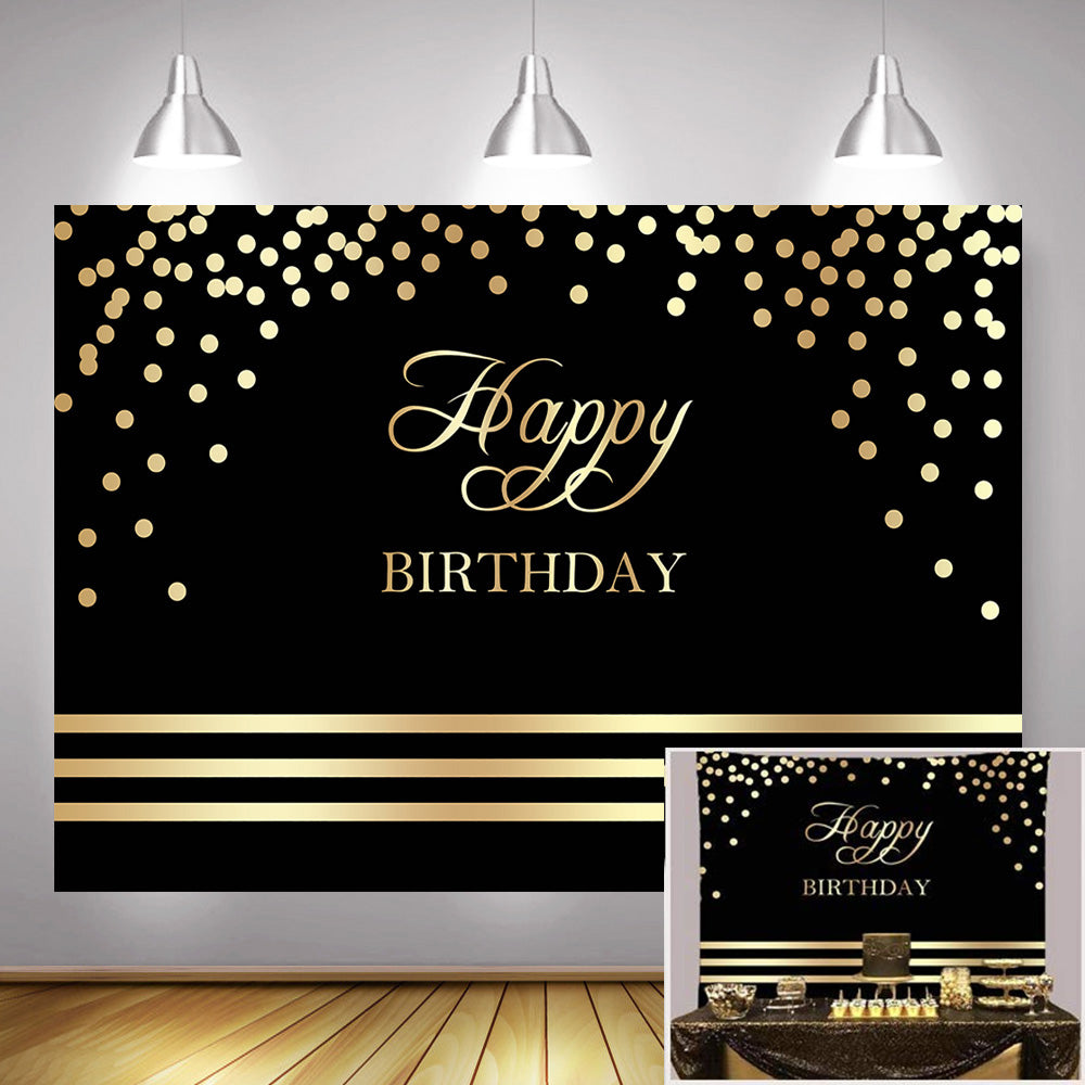 Happy Birthday Backdrop Black and Gold Birthday Party Banner Decoration Background for Adult Children Golden Dots