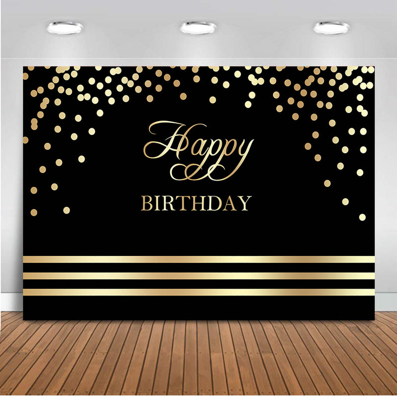 Happy Birthday Backdrop Black and Gold Birthday Party Banner Decoration Background for Adult Children Golden Dots