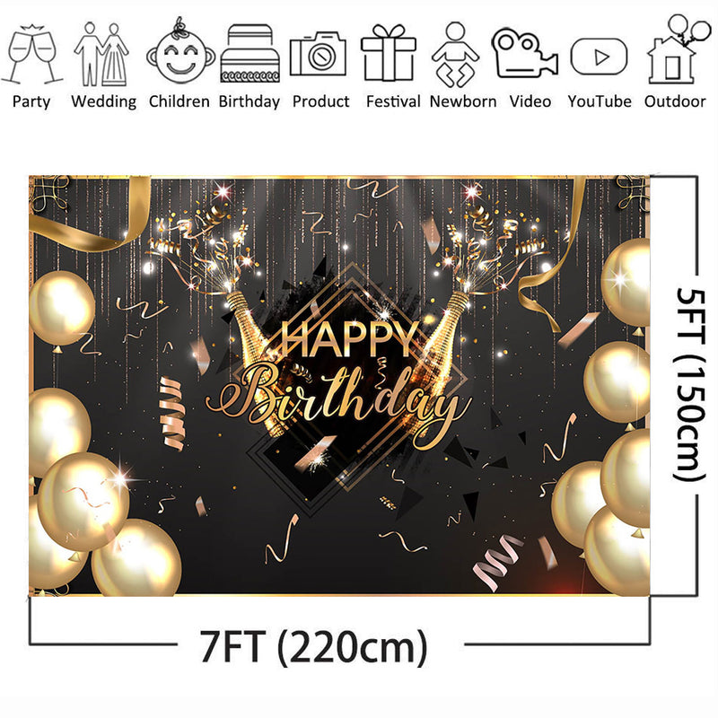 Happy Birthday Balloons Champagne Graduation Party Backdrop for Photography Gold Decoration Supplies for Photographic Photo Prop