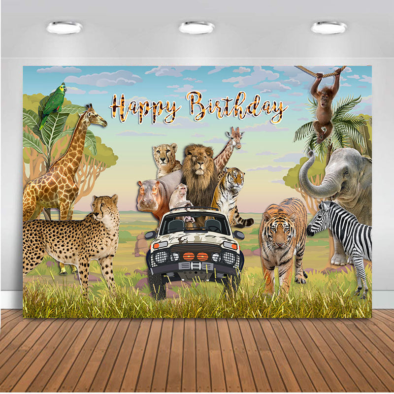 Happy Birthday safari jungle theme birthday party backdrop for photography tager lion giraffe background for photo booth studio