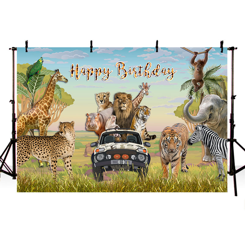 Happy Birthday safari jungle theme birthday party backdrop for photography tager lion giraffe background for photo booth studio