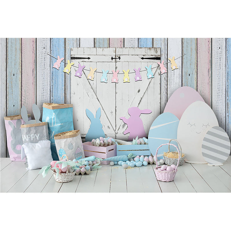 Happy Easter Backdrop Party Decorations Spring Rabbit Portrait Background Easter Eggs Rainbow Wood Wall Retro Door Photography