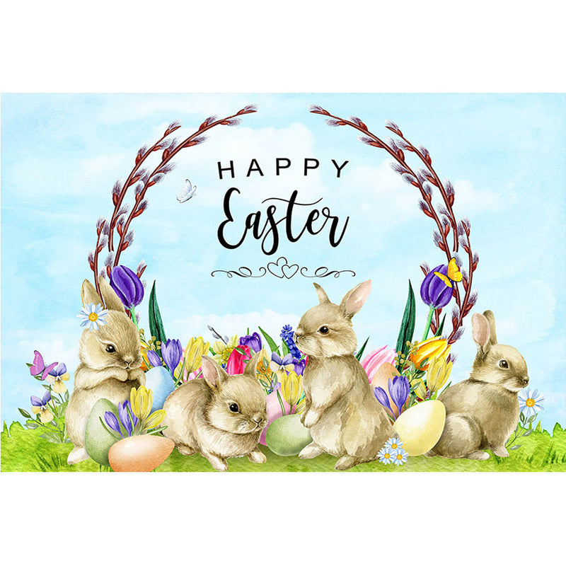 Happy Easter Party Backdrop Decoration Easter Eggs Cute Rabbit Flowers Background Green Grass Spring Banner Photo Shoot Supplies