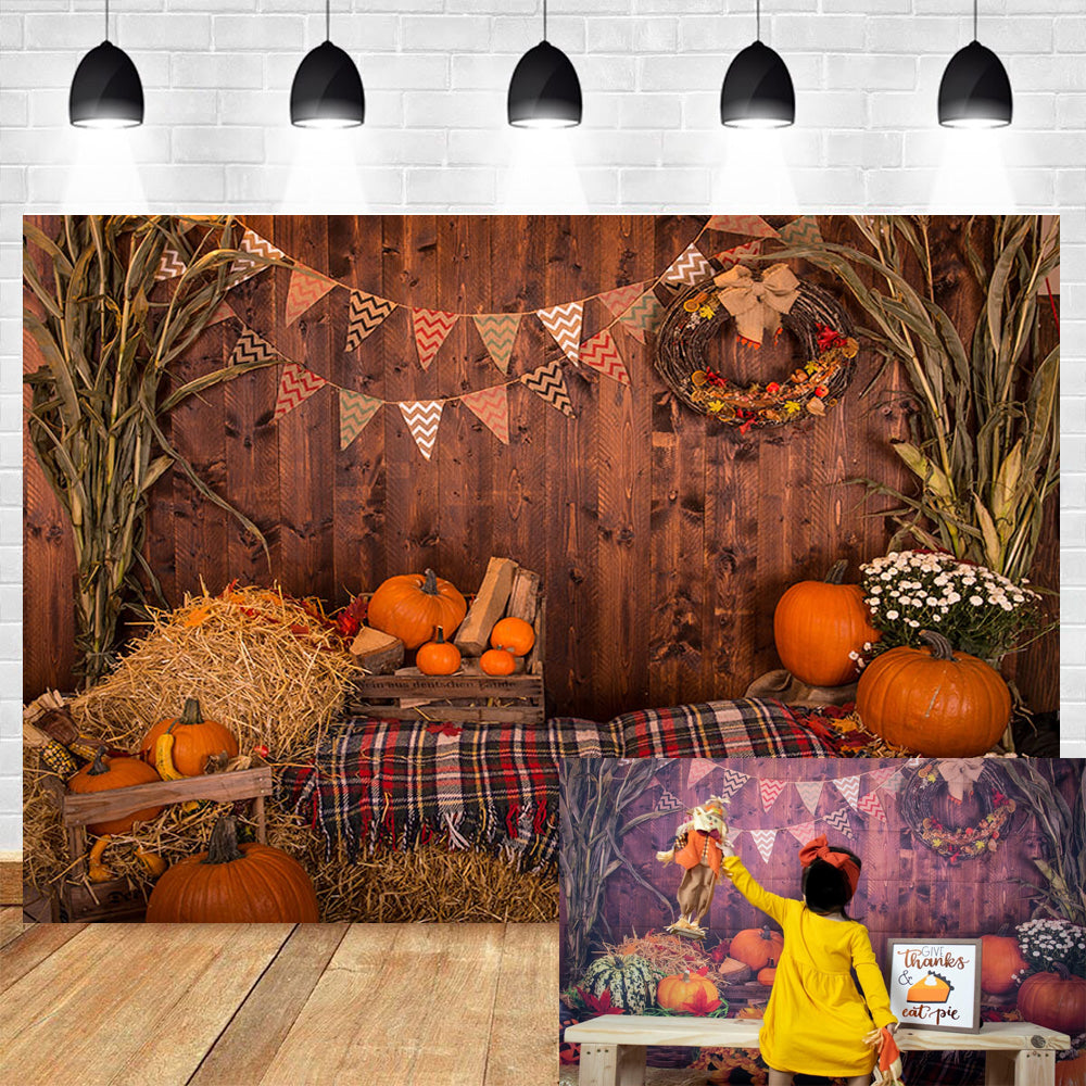 Thanksgiving Photography Backdrop Halloween Rustic Wooden Floor Barn Harvest Background Autumn Pumpkins Maple Leaves Sunflower Baby Portrait Party Decoration Photo Studio