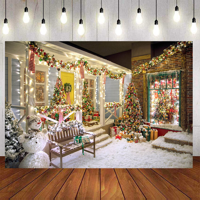 Arrière-plan de photographie de bonhomme de neige de noël, arbres de noël enneigés, fenêtre, Portrait de nouveau-né et d'enfant, Studio Photo