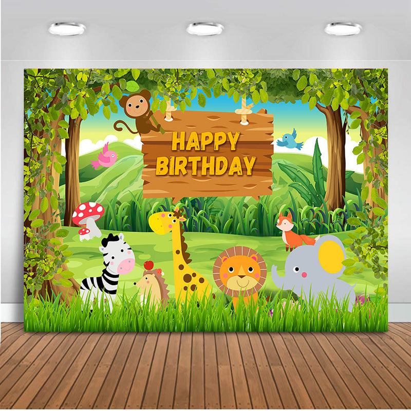 Happy birthday theme party safari jungle forest animals backdrop for photography newborn baby wild birthday background for photo