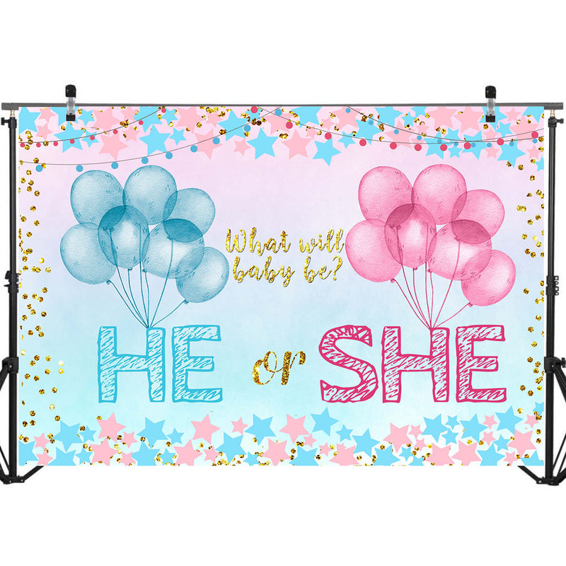 He or She Gender Reveal Backdrop Pink or Blue Balloons Background Vinyl Boy or Girl Gender Reveal Backdrops