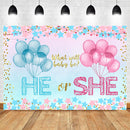 He or She Gender Reveal Backdrop Pink or Blue Balloons Background Vinyl Boy or Girl Gender Reveal Backdrops