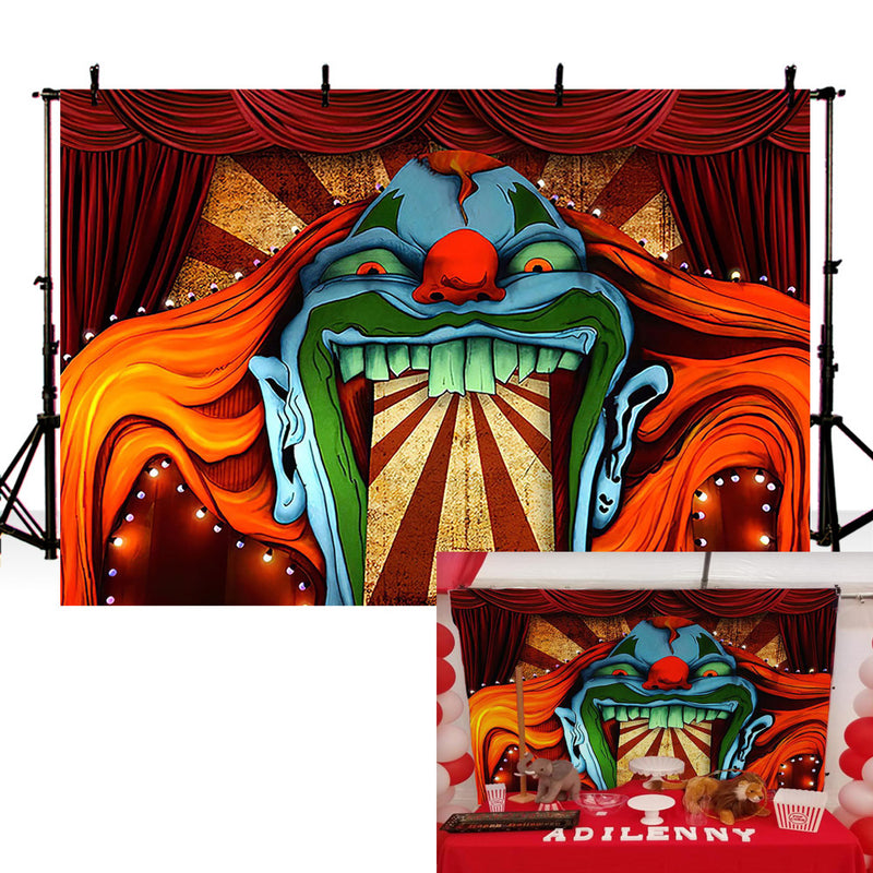 Telón de fondo de Halloween con tema de circo de terror para fotografía, payaso malvado gigante, Hallomas, fondo de fiesta de cumpleaños, bosque aterrador, vampiro, bebé, pastel, decoración de mesa, Banner 