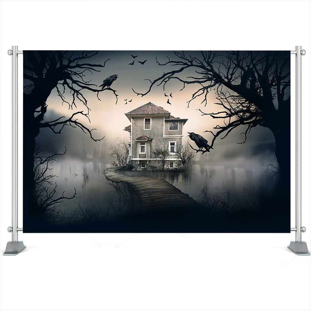 Horror Halloween Backdrops Crow Old Trees Birthday Party Backgrounds Photography Castle Building Lake Evil Witch Photo Studio