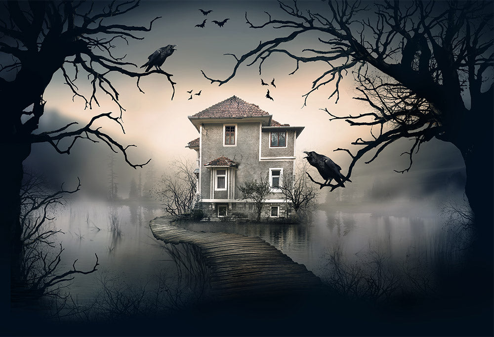 Arrière-plan d'horreur pour Halloween, vieux arbres, corbeau, fête d'anniversaire, photographie, château, bâtiment, lac, sorcière maléfique, Studio Photo