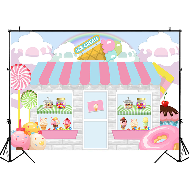 Ice Cream Shop Background for Photography Baby Shower Birthday Party Decoration Backdrops Candy Dessert Table Photographic Props