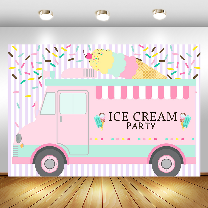 Ice Cream Truck Shop Backdrop Baby Girls Birthday Party Pink Car Photography Background Cake Table Decorations Banner Supplies