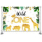Toile de fond d'anniversaire avec animaux de la Jungle, couronne d'animaux de Safari dorés, arrière-plan de photographie sauvage, bannière décorative pour fête de premier anniversaire de garçon