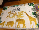 Toile de fond d'anniversaire avec animaux de la Jungle, couronne d'animaux de Safari dorés, arrière-plan de photographie sauvage, bannière décorative pour fête de premier anniversaire de garçon