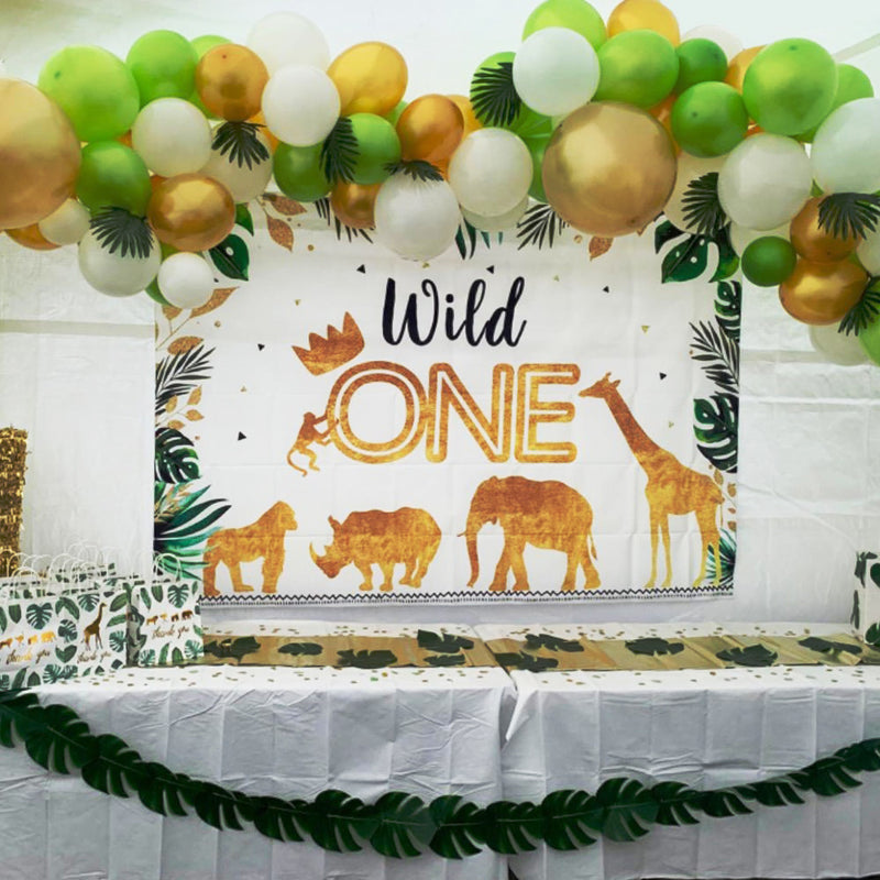 Jungle Animal Birthday Backdrop Gold Safari Animals Crown Wild One Photography Background Boy First Birthday Party Decor Banner