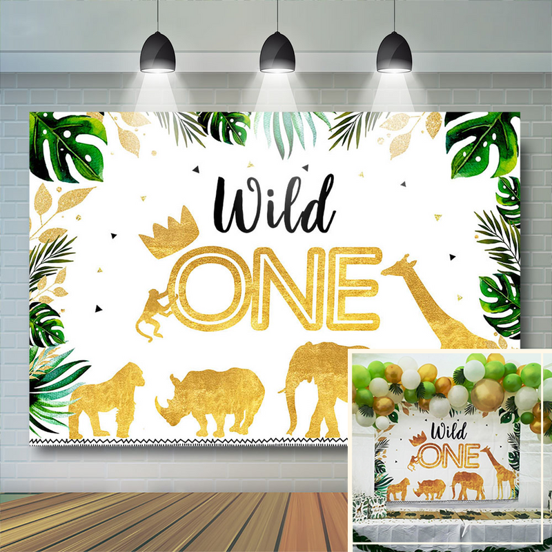 Toile de fond d'anniversaire avec animaux de la Jungle, couronne d'animaux de Safari dorés, arrière-plan de photographie sauvage, bannière décorative pour fête de premier anniversaire de garçon