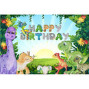 Fondo de feliz cumpleaños de dinosaurio de dibujos animados de jungla, fiesta de Safari, dinosaurio recién nacido, Fondo de 1er cumpleaños, hojas verdes, sol