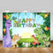Jungle dessin animé dinosaure joyeux anniversaire toile de fond Safari fête nouveau-né dinosaure 1er anniversaire arrière-plan feuilles vertes soleil
