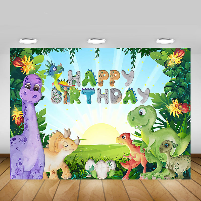 Fondo de feliz cumpleaños de dinosaurio de dibujos animados de jungla, fiesta de Safari, dinosaurio recién nacido, Fondo de 1er cumpleaños, hojas verdes, sol