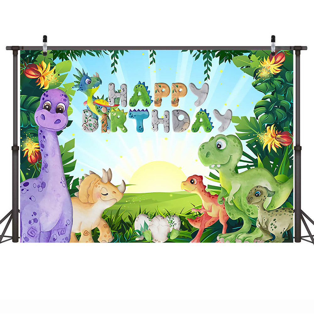 Jungle Cartoon Dinosaur Happy Birthday Backdrop Safari Party Newborn Dinosaur 1st Birthday Background Green Leaves Sunshine