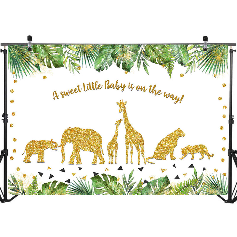 Fondo para fiesta de bienvenida de bebé, Safari en la selva, animales bebés, fondo para fotografía de cumpleaños, pancarta de fiesta de animales dorados