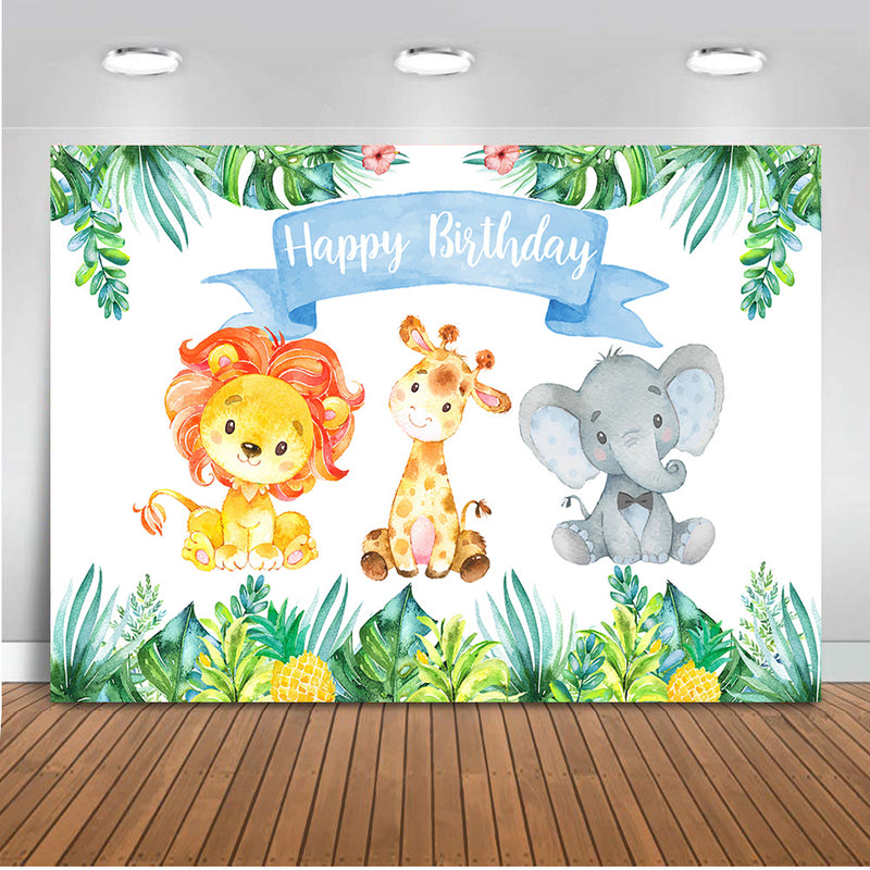 Jungle Safari Photo Backdrop Happy Birthday Forest Cute Elephant and Lion Backdrops Animal 1st Birthday Party Decor Photography