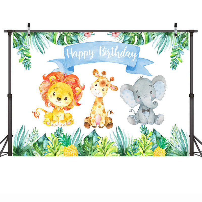 Jungle Safari Photo Backdrop Happy Birthday Forest Cute Elephant and Lion Backdrops Animal 1st Birthday Party Decor Photography