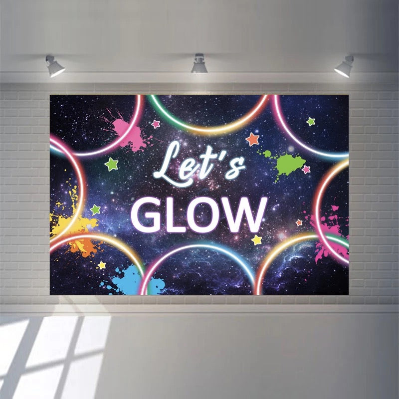 Fondo Let's Glow para foto que brilla en la oscuridad, cartel de cumpleaños, telón de fondo, pintura con salpicaduras de neón láser, fondo fotográfico