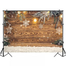 Planche de bois de noël marron clair, arrière-plan de photographie, flocons de neige, décoration de boule de noël