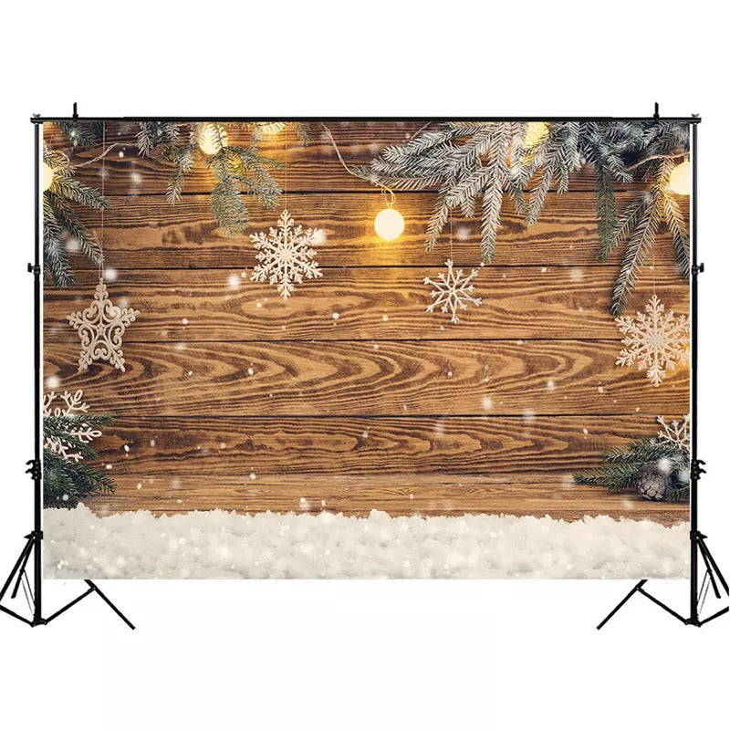 Light Brown Christmas Wooden Board Photography Background Photozone Snowflakes Christmas Ball Decoration Backdrops