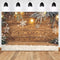 Planche de bois de noël marron clair, arrière-plan de photographie, flocons de neige, décoration de boule de noël