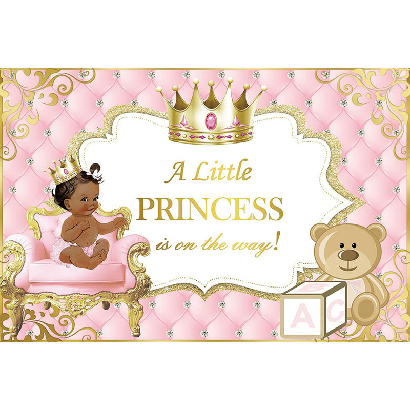 Little Ethnic Princess Baby Shower Backdrop Pink and Gold Tufted Newborn Baby Party Background Crown Cute Toy Bear Photography