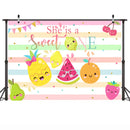 Toile de fond pour petite fille douce, décor de fond de gâteau Smash pour 1er anniversaire, fête de fruits d'été, photographie à rayures arc-en-ciel