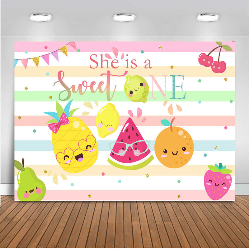 Fondo de cumpleaños para niña pequeña y dulce, decoración de fondo para pastel, decoración de fiesta de frutas de verano, rayas arcoíris, 1er cumpleaños