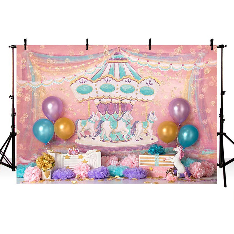 Toile de fond de photographie de carrousel de fête d'anniversaire, ballon coloré, arrière-plan de stand Photo personnalisé