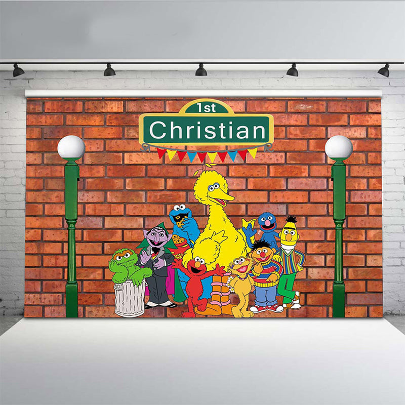 Custom Name Sesame Street Brick Wall Photography Backdrop Boy Girl Baby Shower Birthday Party Banner Supplies Cake Table Background Decoration Photo booth Props