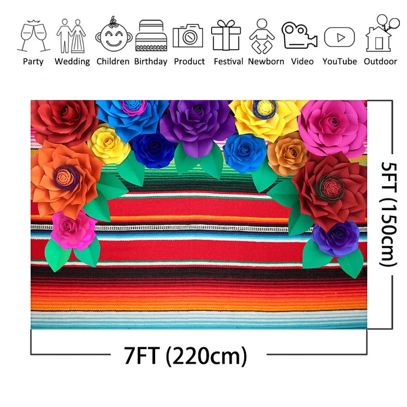 Mexican Fiesta Stripes Photography Backdrop Cinco De Mayo Mexican Festival Colorful Flower Birthday Party Background