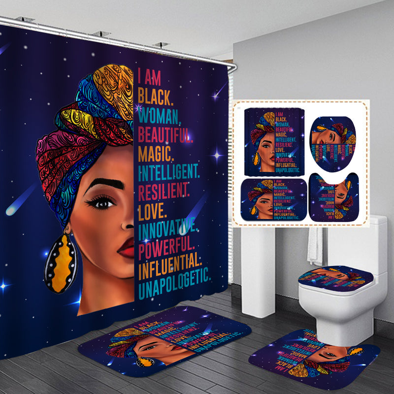 Black Women Afro Girls Print Shower Curtain Set Polyester Bathroom Curtain Hooks Modern Bath Mat Toilet Lid Cover WC Accessories 4 Piece Set