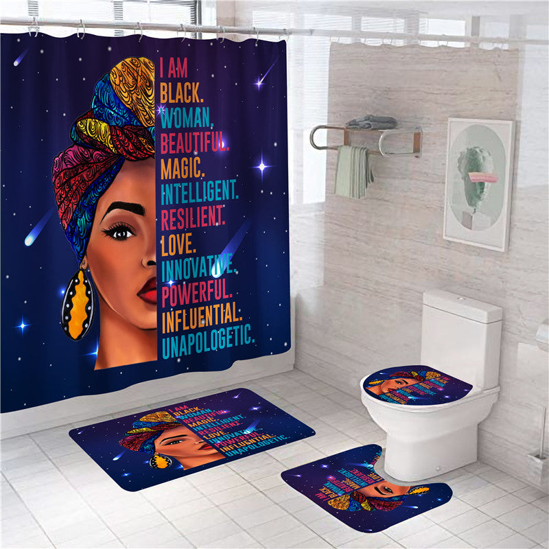 Black Women Afro Girls Print Shower Curtain Set Polyester Bathroom Curtain Hooks Modern Bath Mat Toilet Lid Cover WC Accessories 4 Piece Set