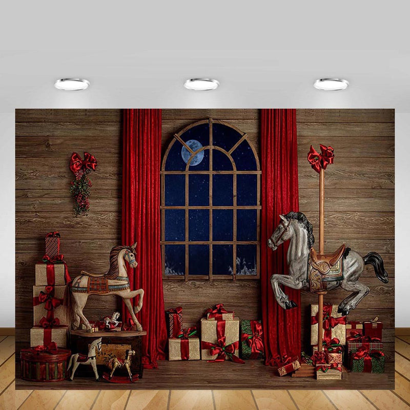 Christmas Backdrop Vintage Wood Wall Red Curtain Window Gift Horse Baby Portrait Photography Background Photo Studio