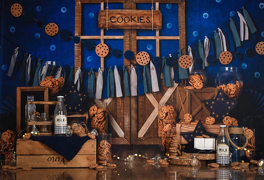 Multiple Cookies Backdrop Cookies Milk Photography Background Baby Shower Bath Wooden Door Blue ...