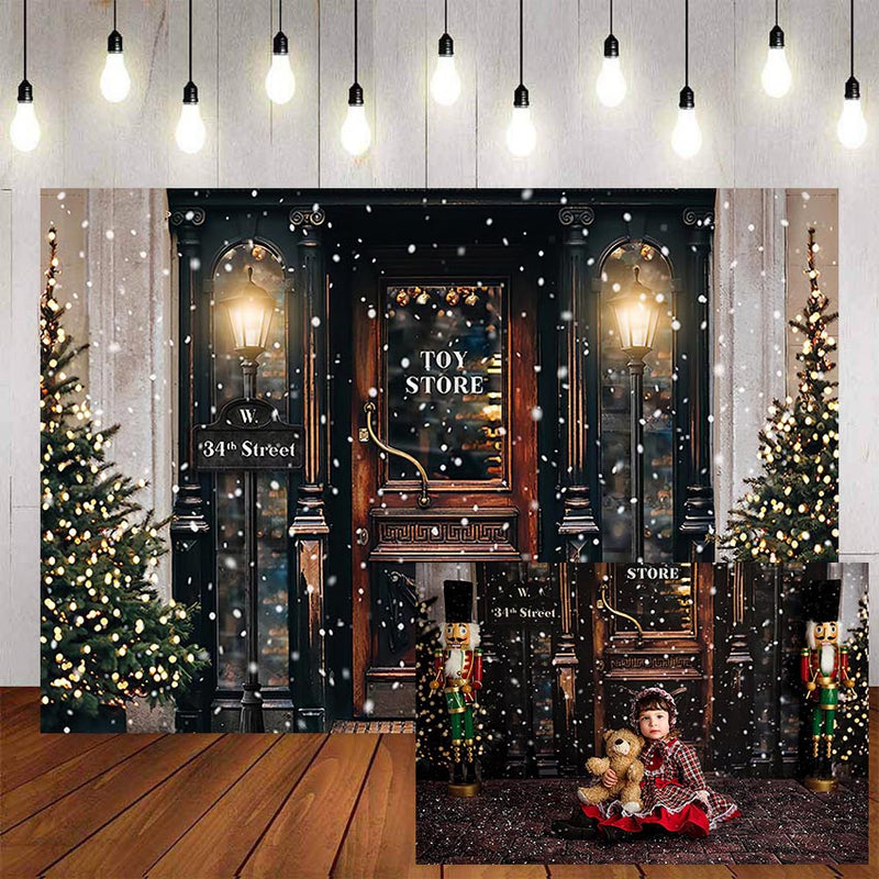 Joyeux noël photographie arrière-plan hiver neige arbre de noël magasin de jouets rue pour enfants toile de fond Photo Studio 