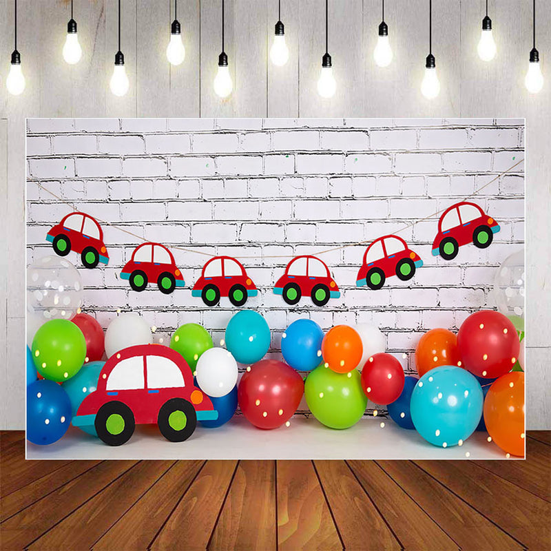 Arrière-plan de photographie, mur de briques blanches, ballon de voiture rouge, décor de fête d'anniversaire pour nouveau-né, Studio photo