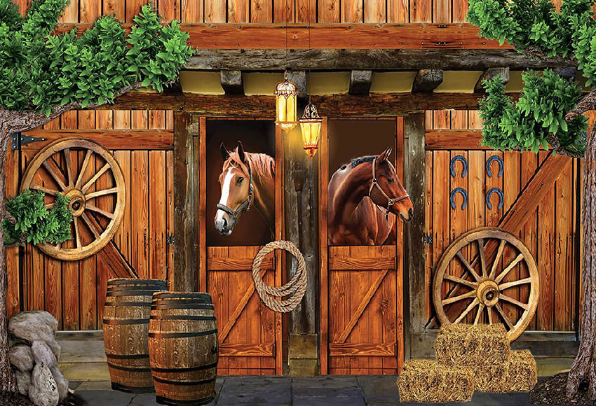 Western Cowboy Photography Background Horse Rustic Farm Wood Barn Door Kids Birthday Party Decor Backdrop Photo Studio