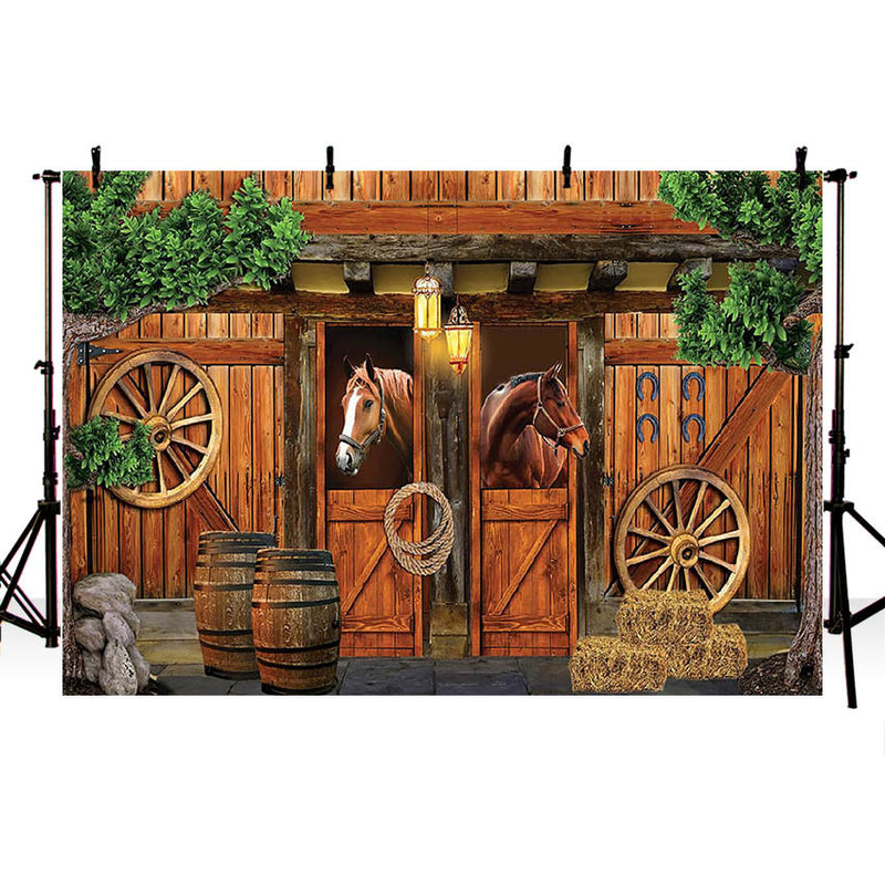 Arrière-plan de photographie de Cowboy occidental, cheval rustique, ferme, porte de grange en bois, décor de fête d'anniversaire pour enfants, arrière-plan de Studio Photo 