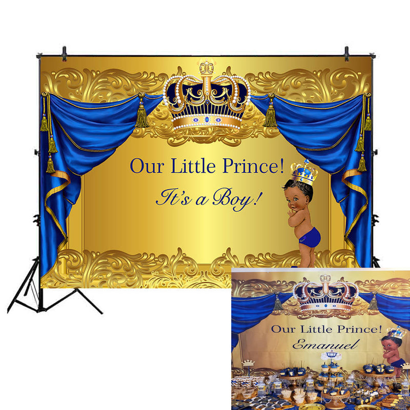 Baby Shower Photography Backdrop Crowned Royal Prince Vinyl Background Gold and Blue Curtain Newborn Birthday Party